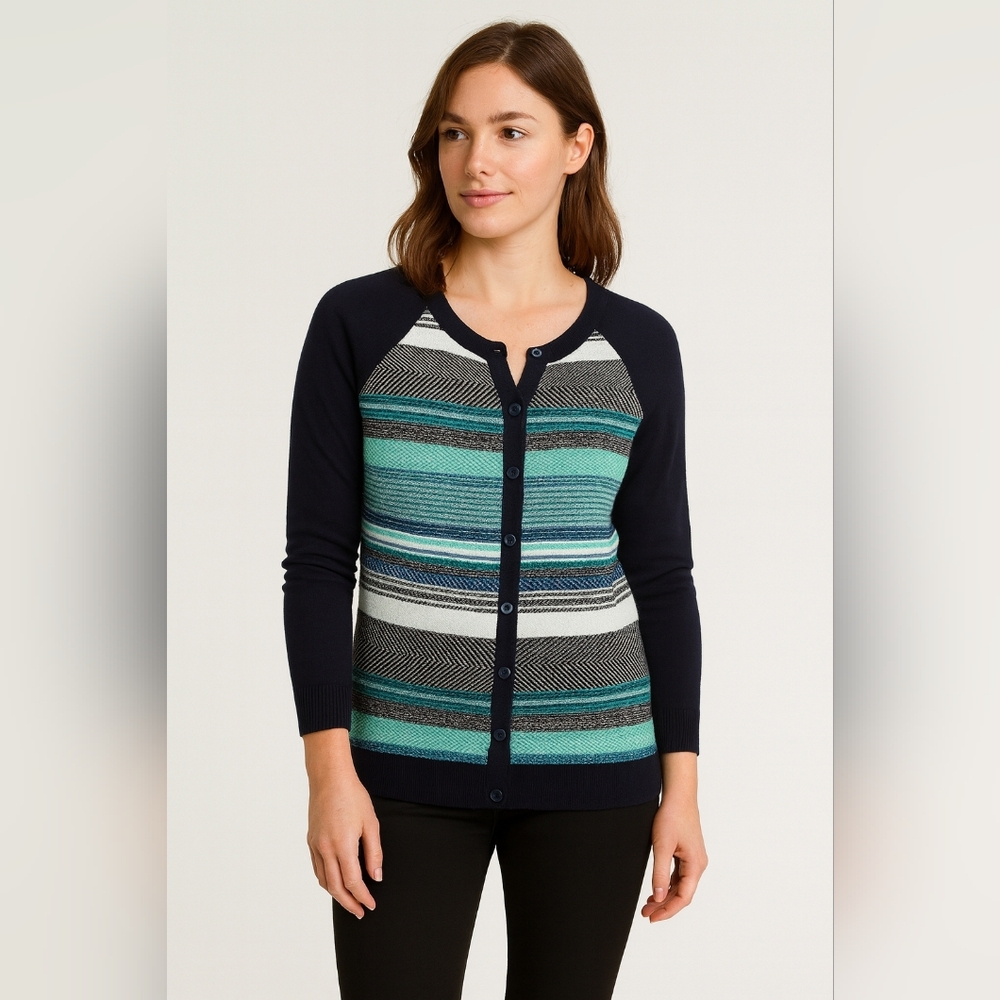 Merona Women's Cardigan - Navy and Teal Stripes